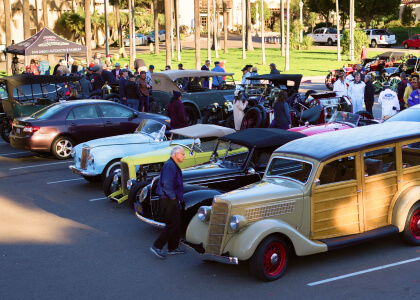 Cars & Coffee community event in the parking lot at the San Diego Automotive Museum in Balboa Park