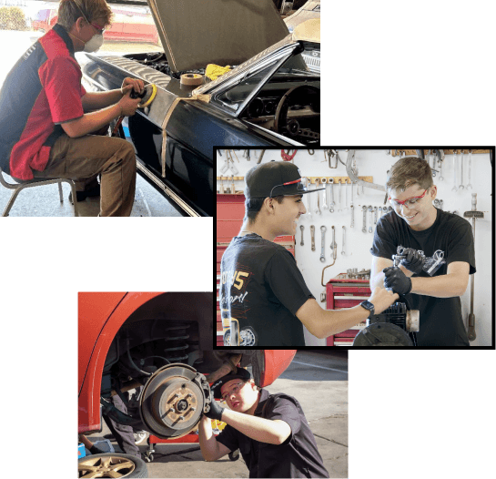 A collage of IGNITE Academy students having fun and working on cars