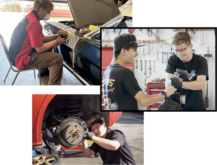 A collage of IGNITE Academy students having fun and working on cars
