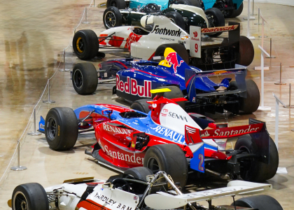 Formula One cars on display at the San Diego Automotive Museum in the Formula One Stories exhibit