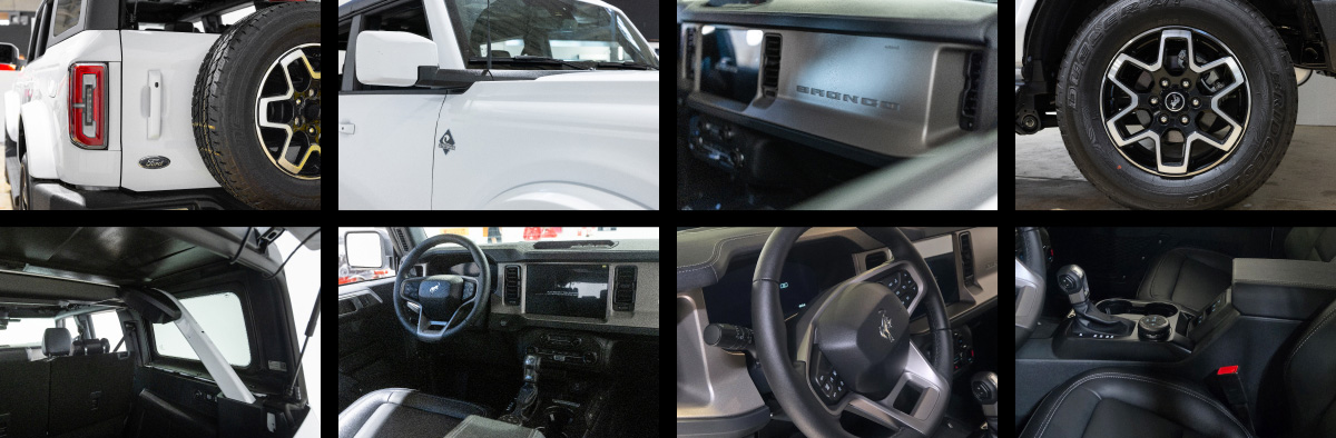 A gallery of images showcasing the white Ford Bronco Sport