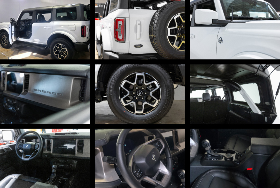 A gallery of images showcasing the white Ford Bronco Sport