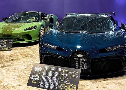 Two cars featured in the San Diego Automotive Museum's Numinous Hypers Titans of Speed exhibit