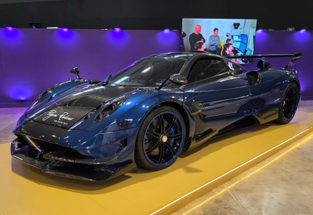 A blue and black 2017 Pagani Huayra BC “Macchina Volante”